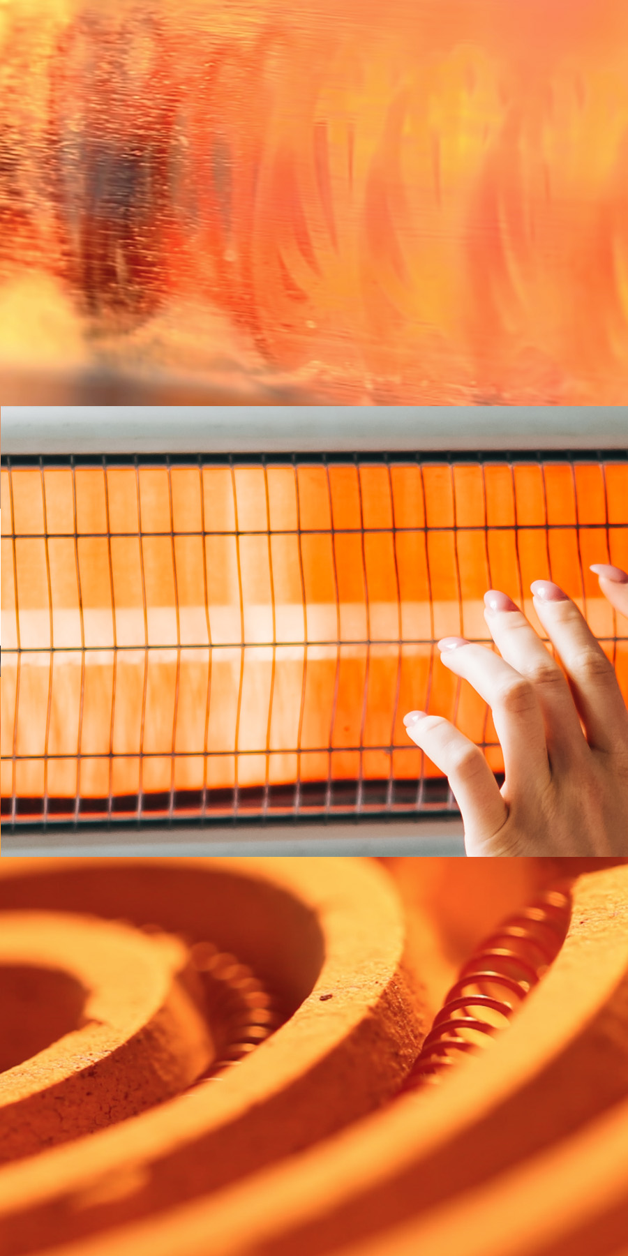 electric coil heating - collage - vertical Electric Coil heating collage: closeup on heater coil, warming hands by heater, cooking element